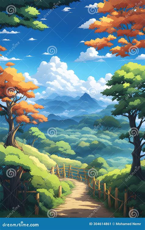 Beautiful Landscape View Illustration In An Anime Style Stock