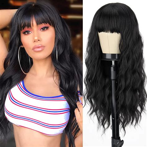 Long Black Wig With Bangssynthetic Wavy Bang Black Wigs For Women Women Long Curly Heat