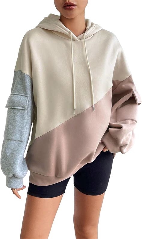 Sweatyrocks Women S Colorblock Drawstring Long Sleeve Drop Shoulder Hooded Oversized Fashion