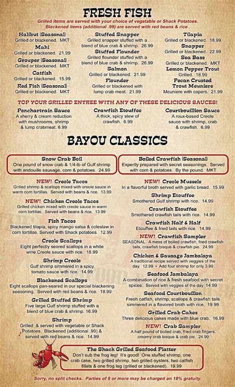 Menu At The Shack Seafood And Oyster Bar Oklahoma City Quail Pointe Dr