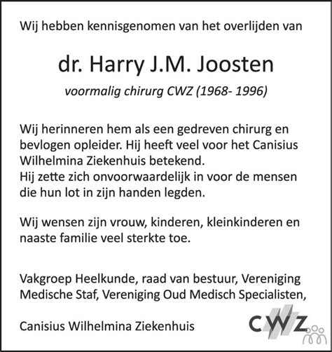 Harry Johan Maria Joosten Overlijdensbericht En Condoleances