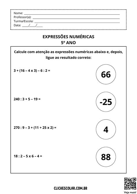 Atividades de Expressões numéricas para 5º ano