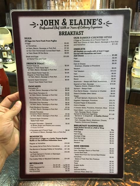 Menu At John And Elaines Restaurant Point Pleasant Beach