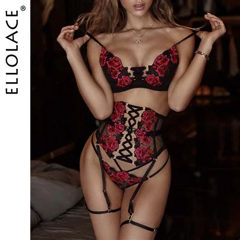 Ellolace Sensual Lingerie Sexy Embroidery Bandage Breves Sets Garters