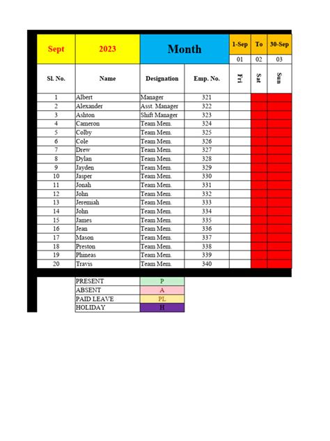 Attendence Sheet Pdf