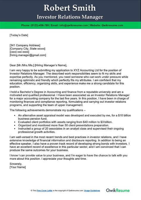 Investor Relations Manager Cover Letter Examples Qwikresume