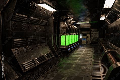 Dark moody old alien space ship or station interior corridor. 3D ...