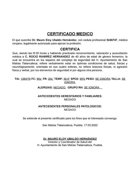 Certificado Medico DE Comandancia CERTIFICADO MEDICO El Que Suscribe