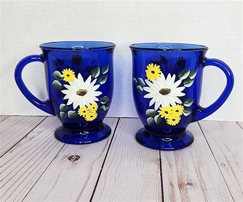 Hand Painted Cobalt Blue Coffee Mugs With Daisies Flowers Set Of Two Etsy