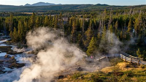 Tourist leads young children out to scalding hot springs at Yellowstone ...