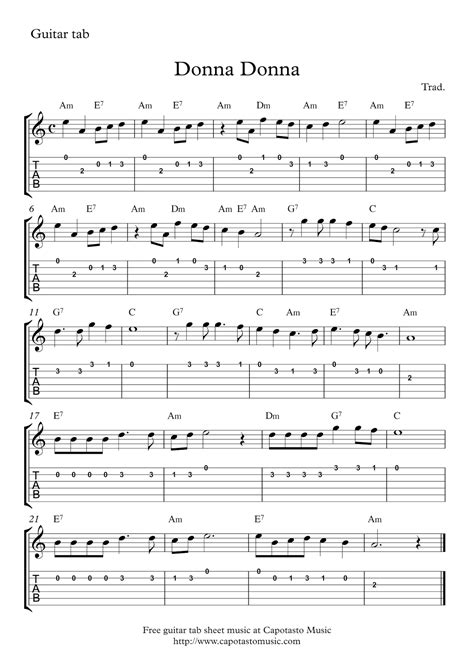 Easy Sheet Music For Beginners Donna Donna Free Guitar Tab Sheet Music