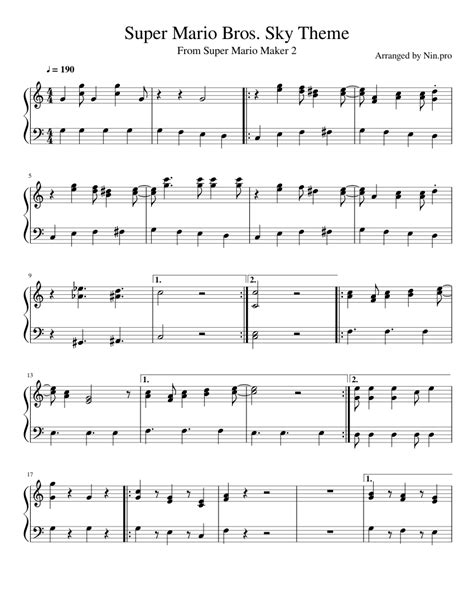 Super Mario Bros Sky Theme Mario Maker 2 Sheet Music For Piano Solo Easy