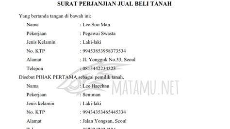 Contoh Surat Perjanjian Jual Beli Tanah Matamu