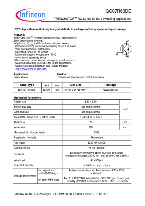 Igc07r60de Infineon Igbt Hoja De Datos Ficha Técnica Distribuidor