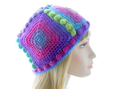 5 Square Beanie Hat With Bobbles Womens Crochet Hat Wool Blend