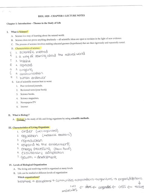 Chapter 1 Notes Biol 1020 BIOL 1020 Studocu