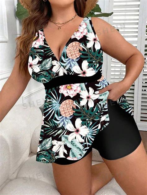 Shein Swim Lushore Summer Beach Plus Size Tropical Print Tank Top And