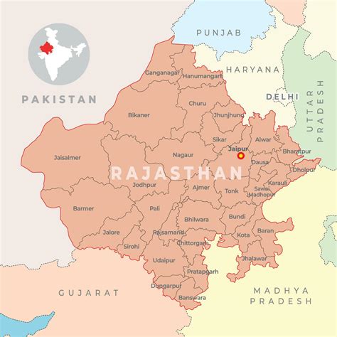 Rajasthan District Map With Neighbour State And Country 36224633 Vector