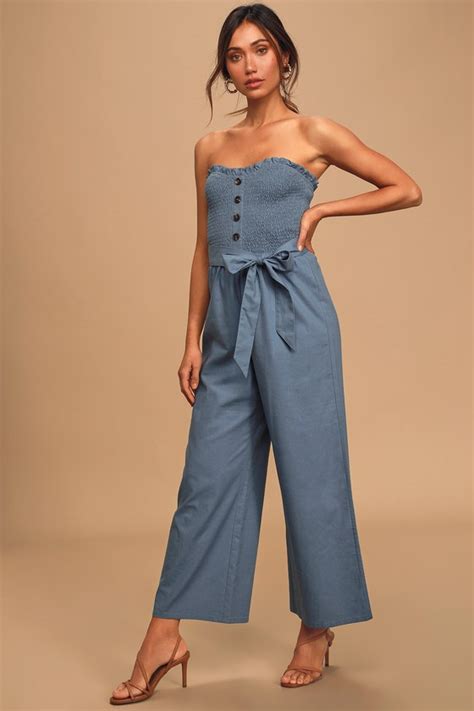 Denim Blue Jumpsuit Smocked Jumpsuit Wide Leg Jumpsuit Lulus