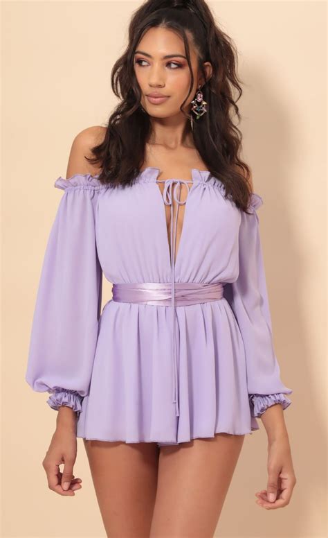 Vallarta Off The Shoulder Romper In Lavender Lucy In The Sky