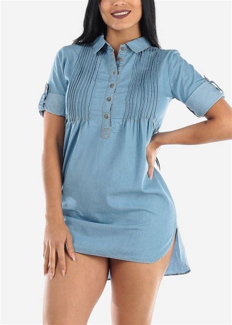 Short Sleeve Light Denim Tunic Dress