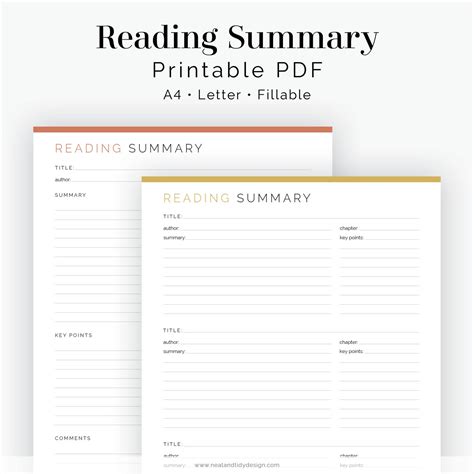reading summary fillable printable  student planner school