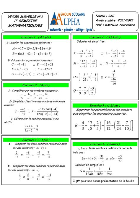 Devoirs Corrig S Maths N S Ac Biof Dyrassa