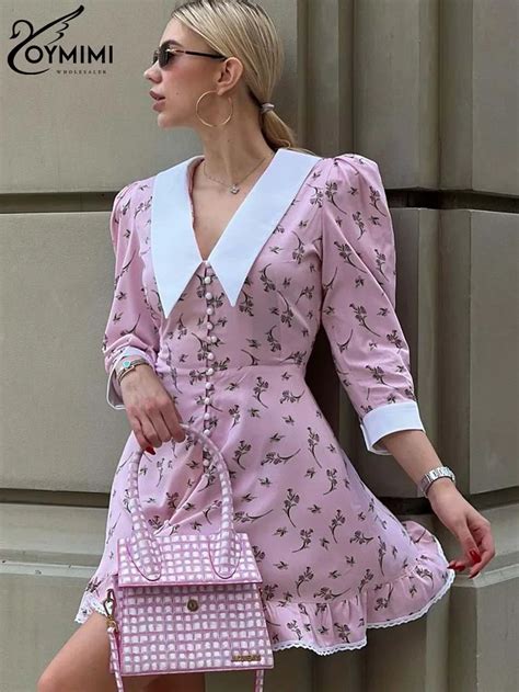 Oymimi Fashion Print Pink Dresses For Women Elegant Patchwork Three