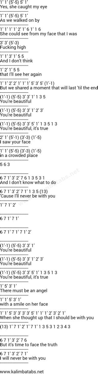 You Re Beautiful James Blunt Kalimba Tabs Letter Number Notes