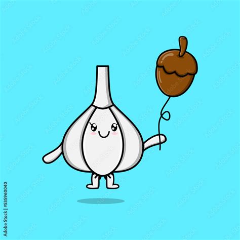 Cute Cartoon Garlic Floating With Acorn Balloon Cartoon Vector