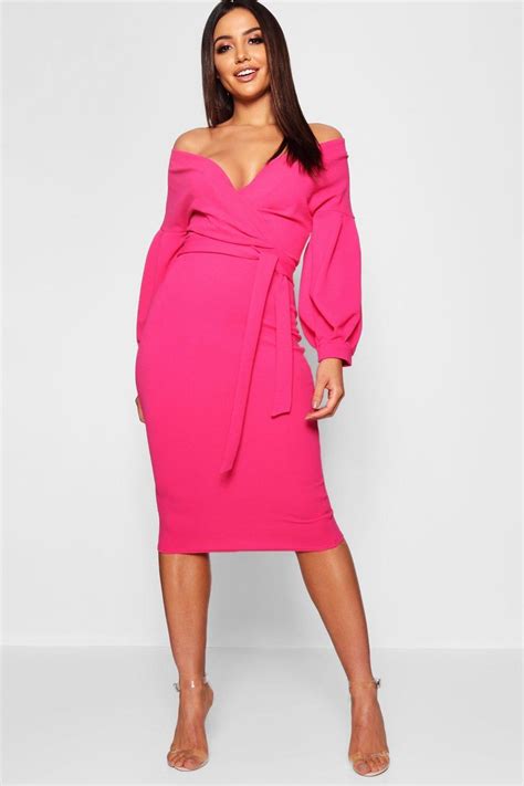 Womens Off The Shoulder Wrap Midi Dress Boohoo Uk Pink Midi Dress