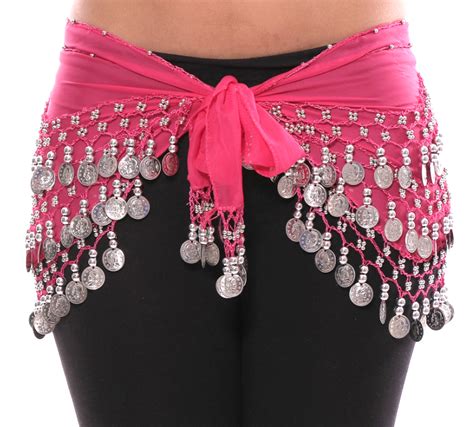 Rose Pink Chiffon Belly Dance Hip Scarf With Beads And Silver Coins