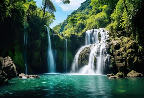 Premium AI Image Jungle Waterfall Cascade In Tropical Rainforest