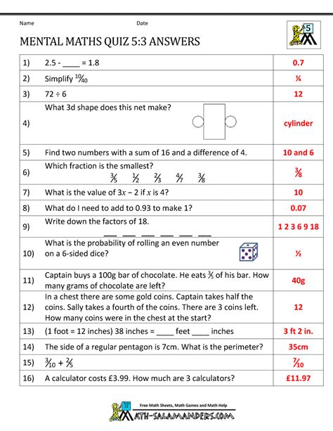 Mental Maths Practise Year 5 Worksheets