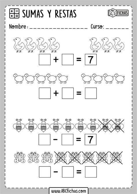 Fichas de sumas y restas para niños ABC Fichas