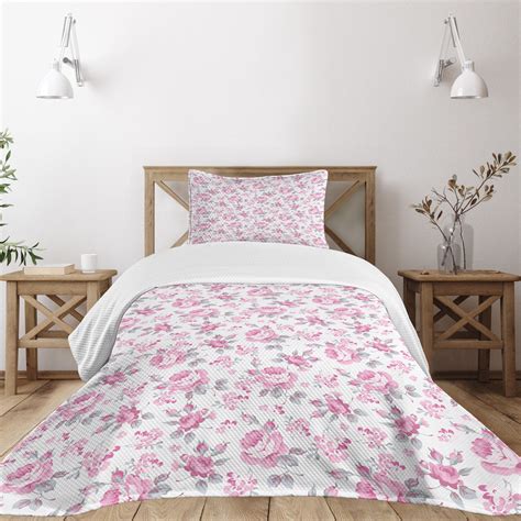 Ambesonne Shabby Flora Quilted Bedspread Set Pcs Pink Roses Spring