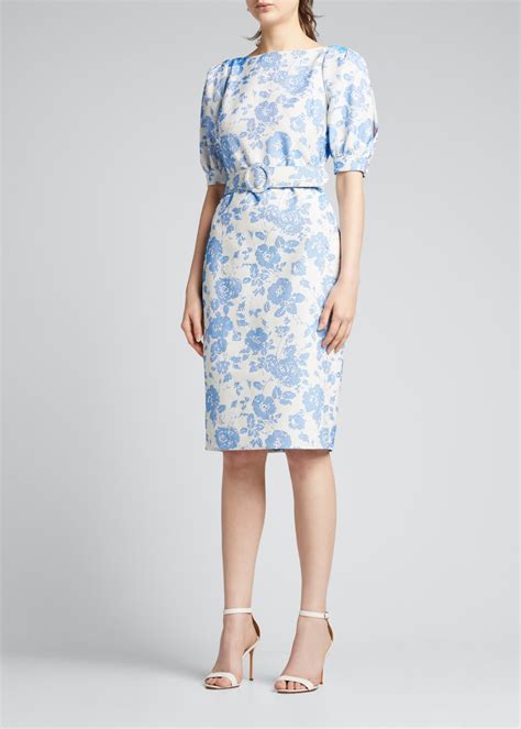 Badgley Mischka Collection Floral Jacquard Puff Sleeve Belted Sheath