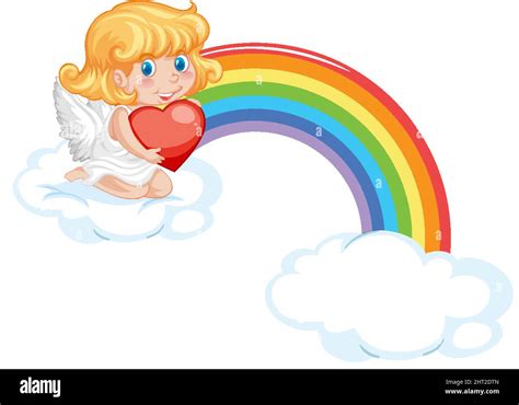 Angel Girl Sitting On A Cloud With Rainbow Illustration Stock Vector