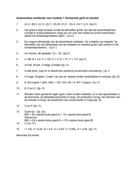 Antwoorden Eindtoets Vwo Module 1 Schaarste Geld En Handel Versie 2017