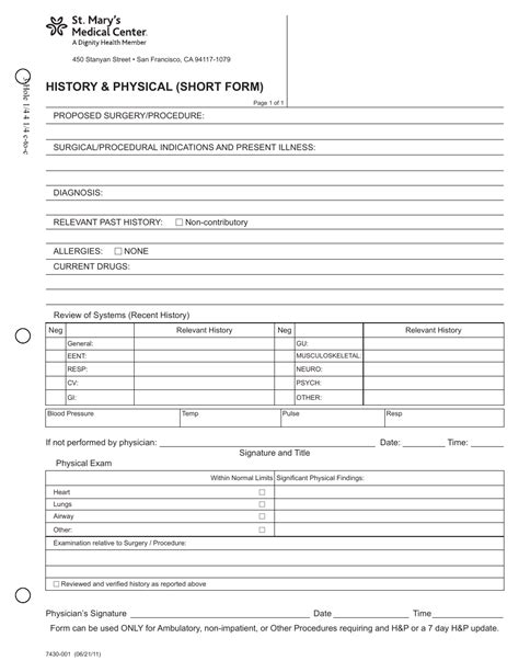 History Physical Short Form St Mary S Medical Center Fill Out