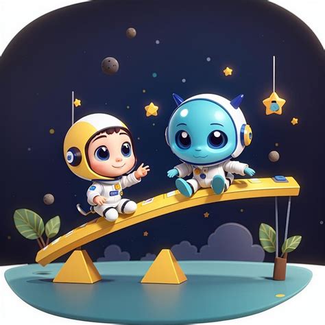 Premium Photo Cute Astronaut And Alien Playing Seesaw With Star