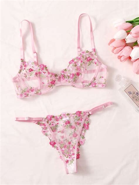 Embroidery Sheer Mesh Underwire Lingerie Set SHEIN South Africa