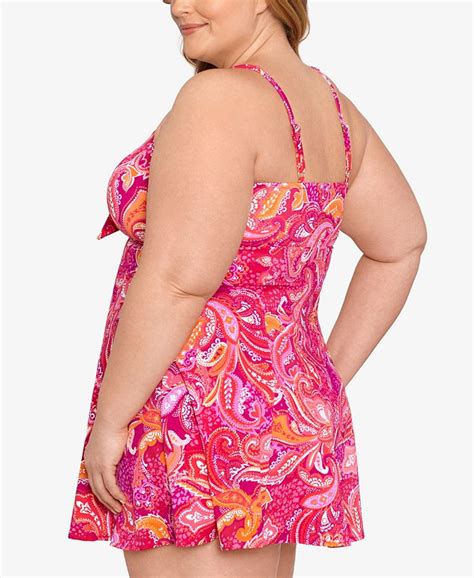 Swim Solutions Plus Size Printed Tummy Control Bow Front Swimdress