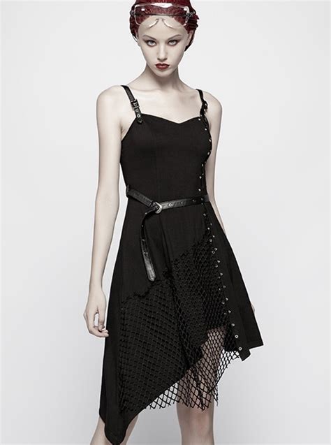 Gothic Daily Black Punk Mesh Small Eyelet Decoration Irregular Hem