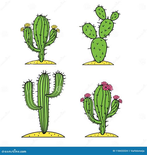 Cute Desert Cactus Vector Set with Flowers. Stock Vector - Illustration ...