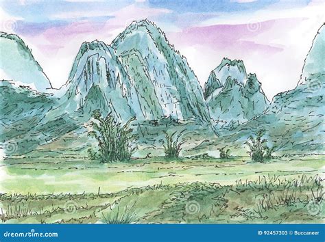 Karst Mountain Landscape in Guangxi Province, China Stock Illustration ...