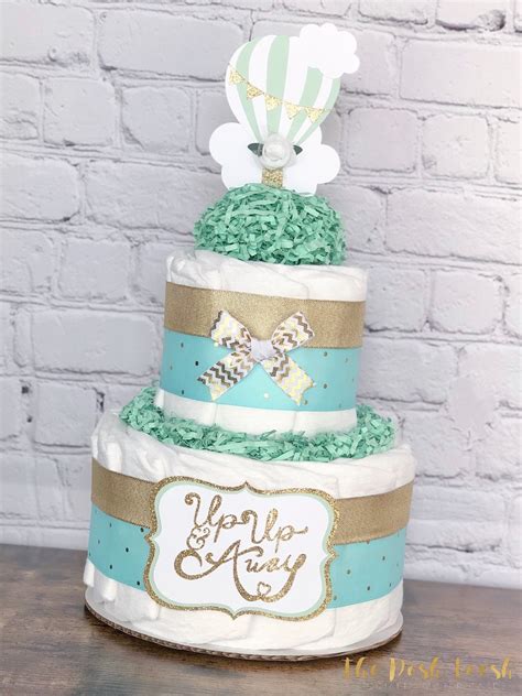 Mint Hot Air Balloon Diaper Cake Boy Gender Neutral Up Up And Away Adventure Awaits Travel