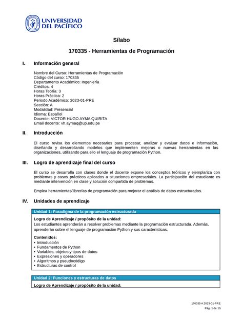 170335 Herramientas de Programación 2023 I Sílabo 170335