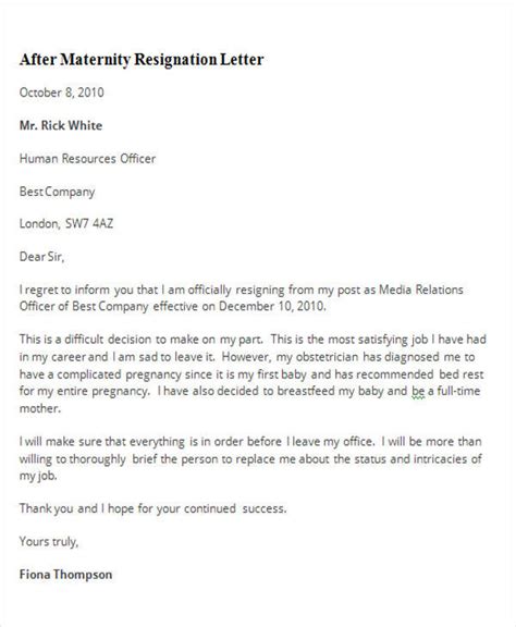 Resignation Letter Template After Maternity Leave