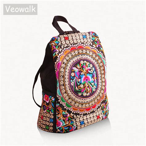 Veowalk Mochila De Lona Bordada Con Flores Para Mujer Hecho A Mano